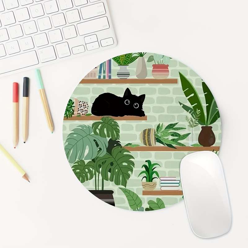 1pc Ergonomic Black Cat Round Mouse Pad for Women and Girls Non-Slip Washable Rubber B
