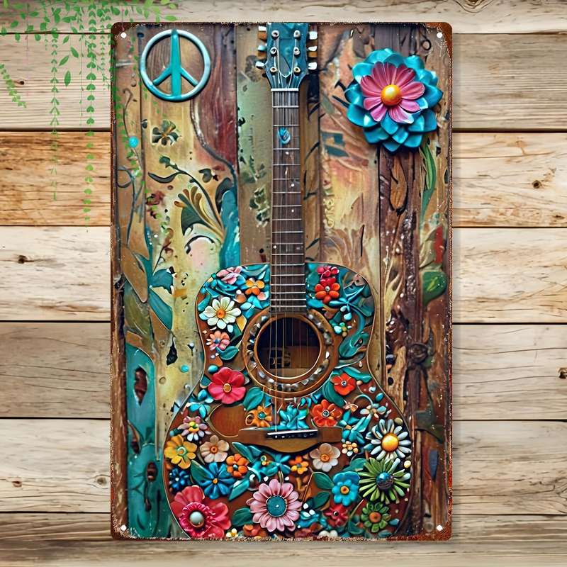 1pc 2D Flat  Hand-Painted Metal Wall Art Floral Guitar with Peace Symbols 20.32x30.48 cm Vib