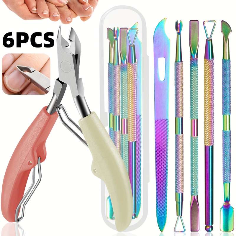 6pcs Professional Nail Care Set Stainless Steel Cuticle Scissors Slanted Clippers Dead Ligh