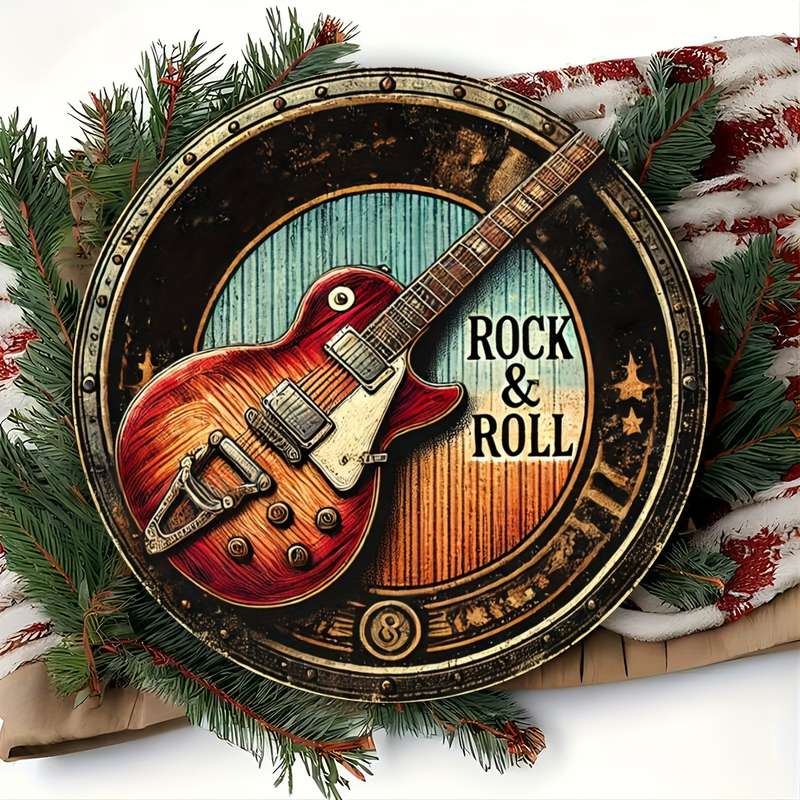 1pc 2D Flat Vintage Rock Roll Guitar Metal Wall Art Sign 20.32x20.32 cm Round Iron Decorative