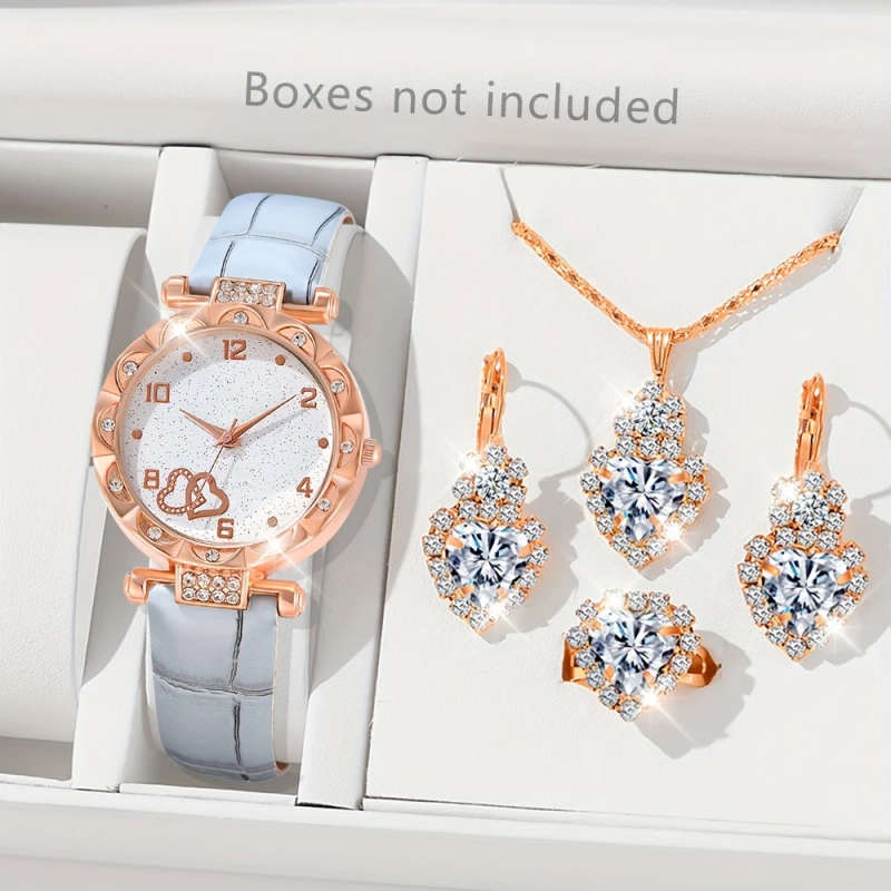 5pcs set Women's Quartz Watch Set Elegant Chic Shiny Rhinestones PU Leather Perfect Gift