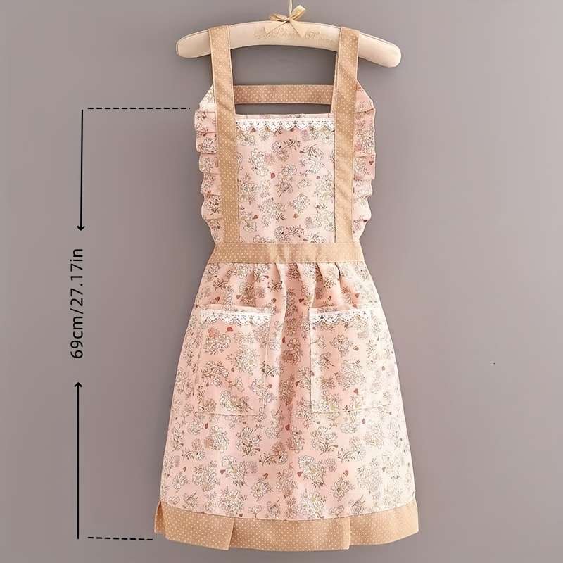 1pc Elegant Floral Print Apron for Women Double-Pocket Design with Ruffled Details Perfect f
