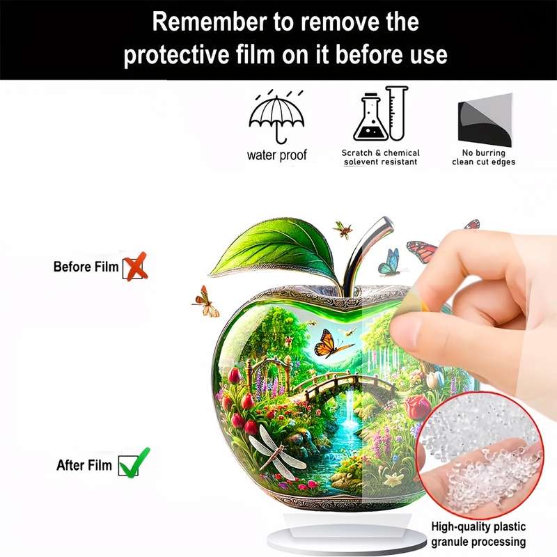1pc 2D Flat   Charming Apple-Shaped Acrylic Decor a Vibrant Garden with Bridges Waterfalls D