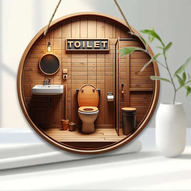 1pc Round Wooden TOILET Sign 20.07cm x 20.07cm Polka Dot Pattern Dark Brown General Fit Floor Mount