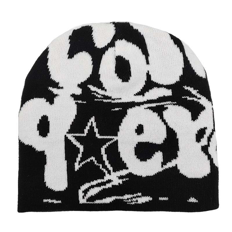 1pc Unisex Acrylic Knit Beanie Hat Stretch Fit Jacquard Letter Embroidery Warm Winter Headw