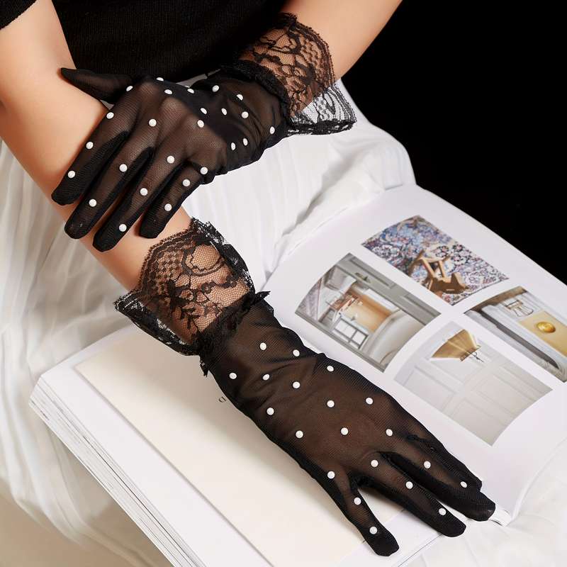 1 Pair Black And White Dots Lace Gloves