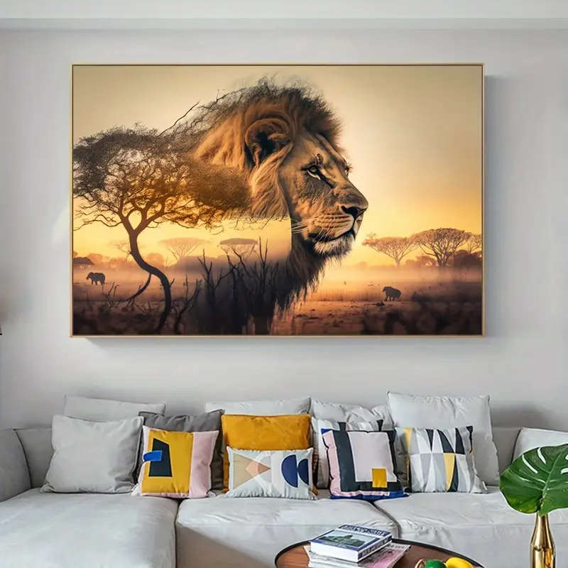 1pc Frameless Modern Abstract Lion Canvas Wall Art 79.98x119.99cm Power-Free White for Living Room a