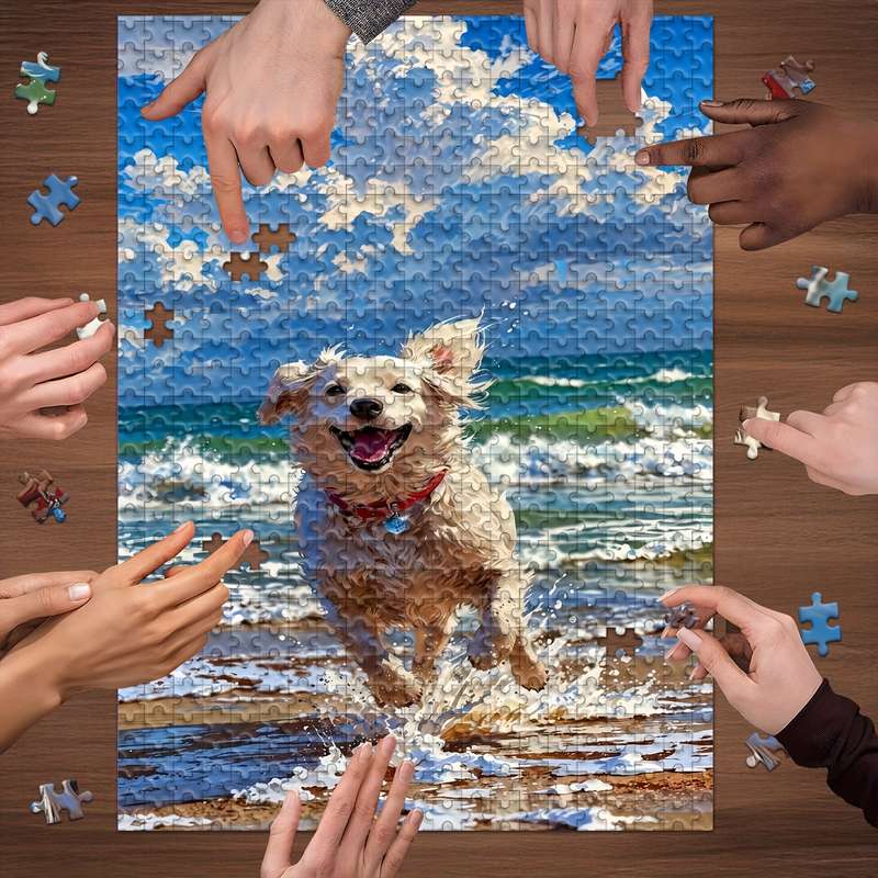 1000pcs Jigsaw Puzzle Beach Dog Scene with Ocean Sand Scratch-Resistant Wooden P