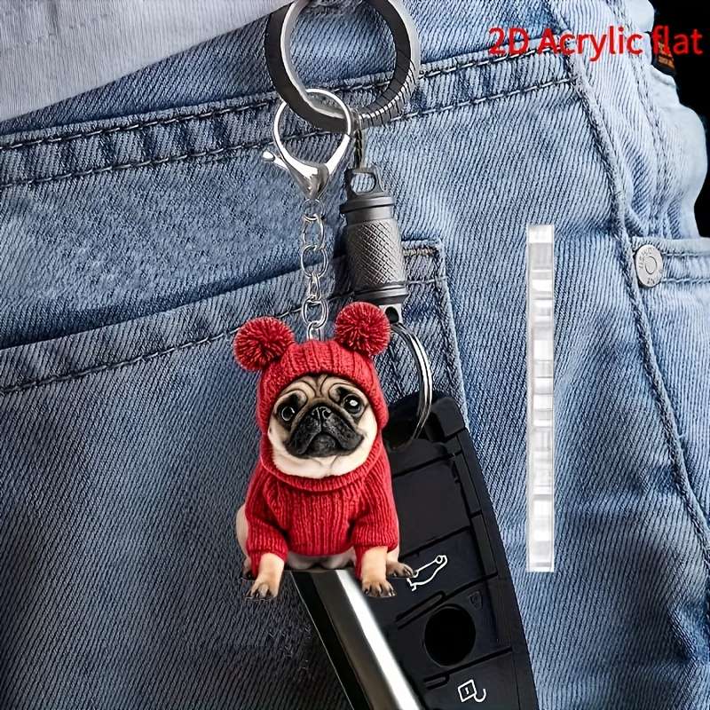 1pc 2D Flat  Keychain Keychain  Cute And Charming Pug Acrylic Keychain Fashion Animal Pendant