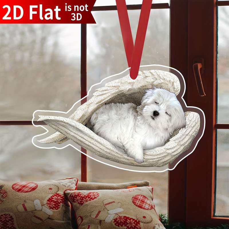 1pc 2D Flat    Acrylic Maltese Sleeping Angel Memorial White Puppy Dog Animal Pet Cute C