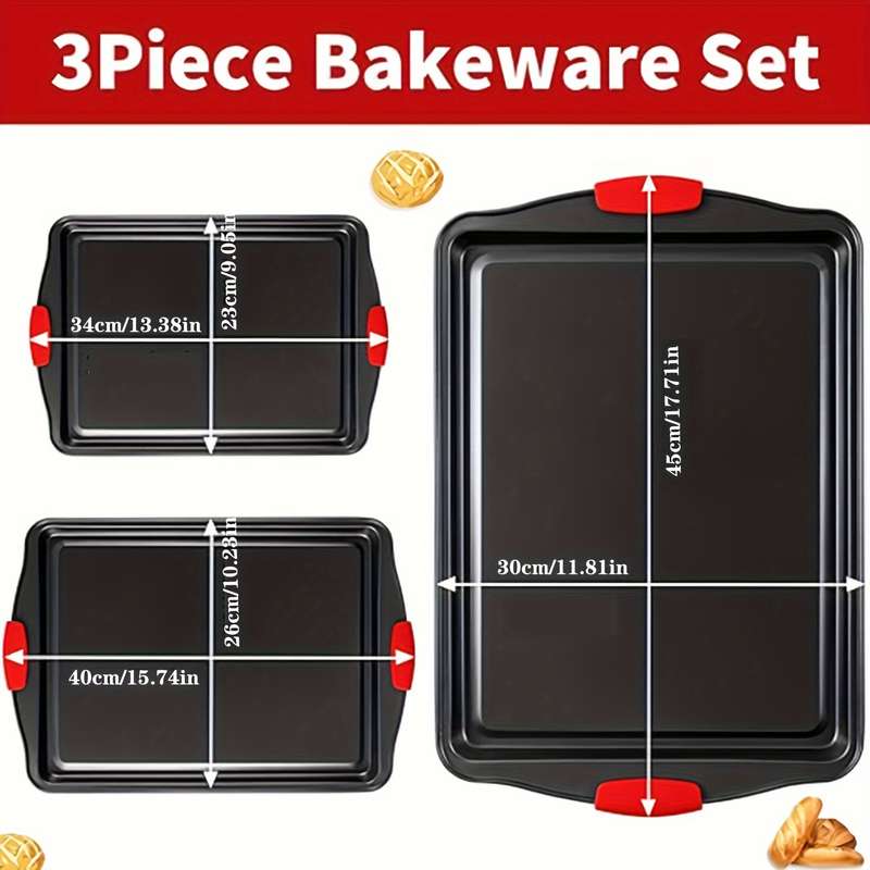 3-Piece Premium Non-Stick Metal Bakeware Set Durable Carbon Steel Heat Resistant Easy-Relea