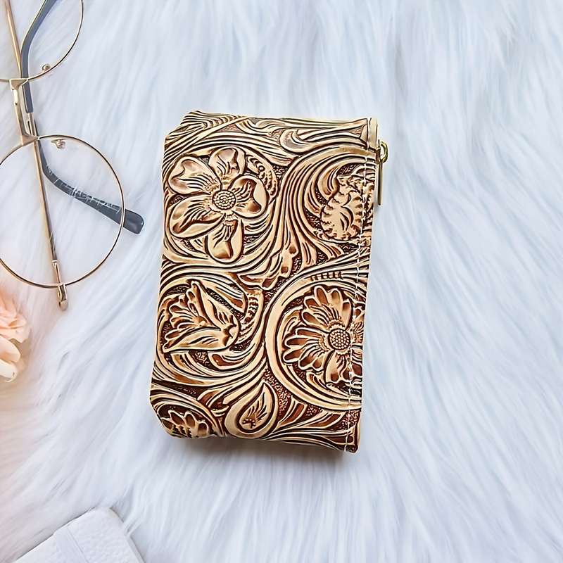 1pc Vintage Floral Embossed Faux Leather Coin Purse Fashion Hard Shell Zippered Key Pouch No