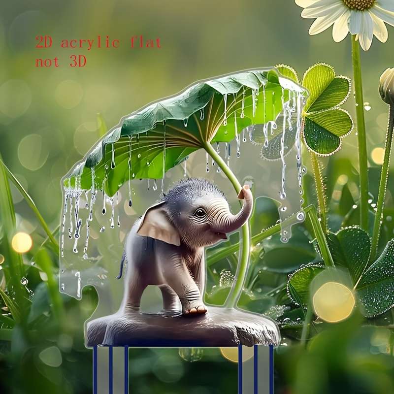 1pc 2D Flat  Charming Youngsters Elephant Under Umbrella  Acrylic Garden Stake Bohemian Style O