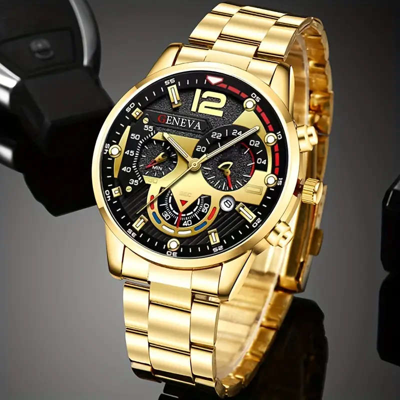Set Of 4 Pieces Including A Men's Business Casual Calendar Watch A Golden Cross Necklace A Bracelet