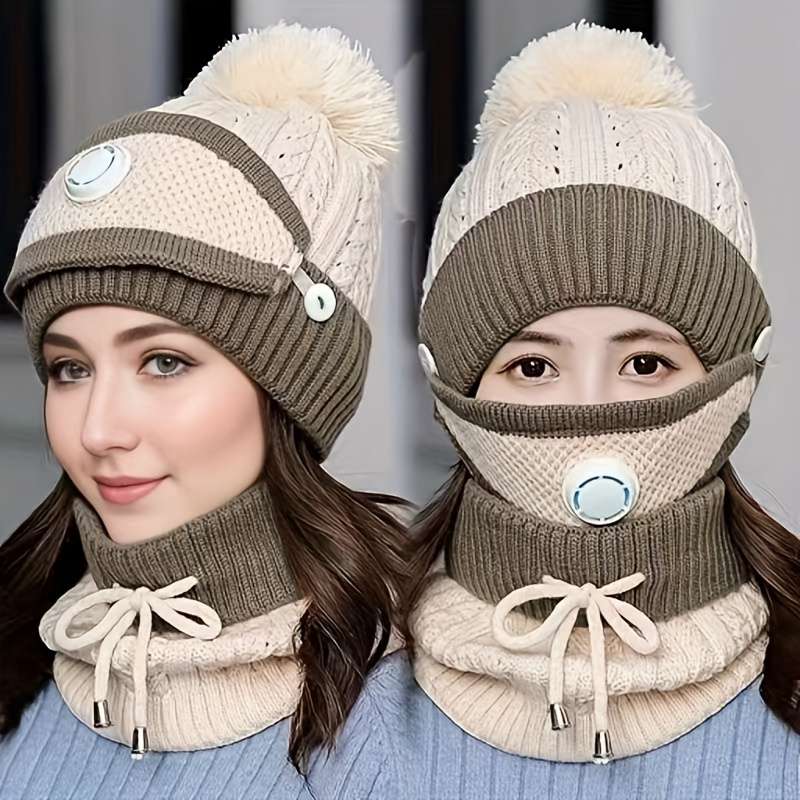 1pc Mask Hat Scarf Women's Autumn and Winter Knitted Hat Thickened and Fleece Warm Ear Protect