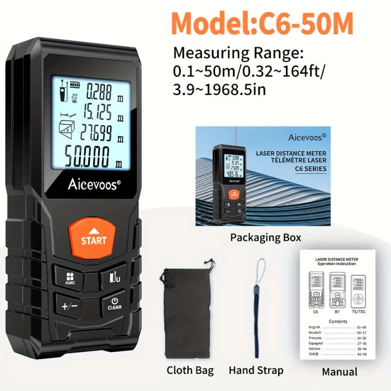1pc High Accuracy Laser Distance Meter 50m Electronic Ruler Laser Measure Battery Power