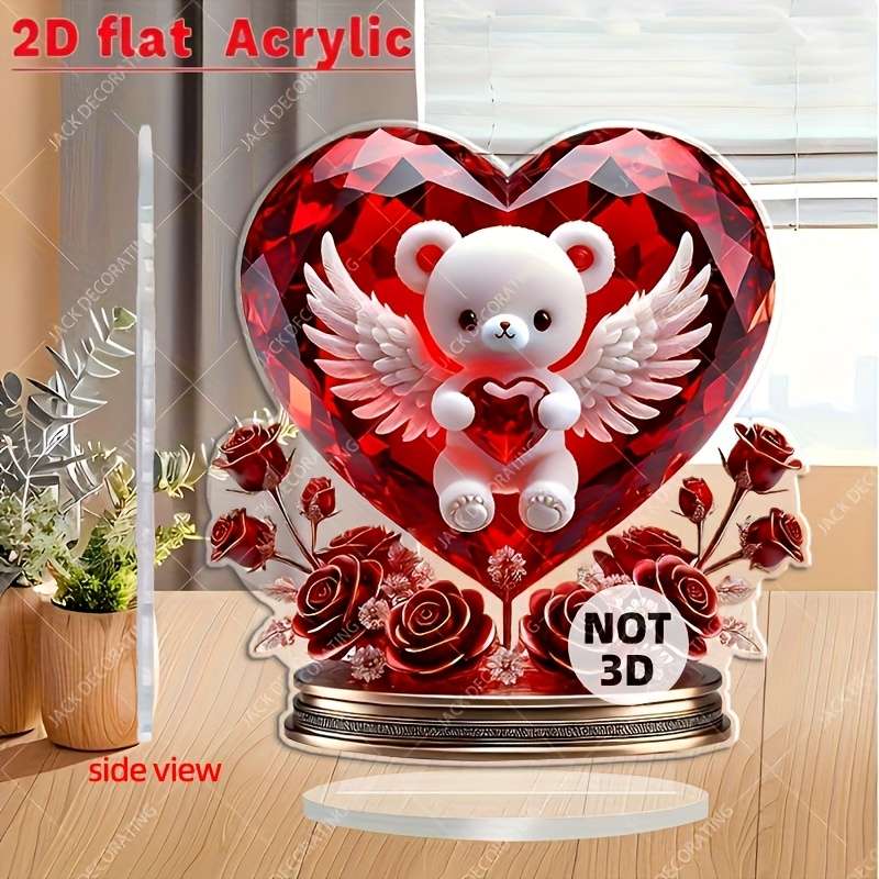 1pc 2D Flat  Charming Crystal Bear Heart Decoration  Desktop Decor Suitable for Home and Valen