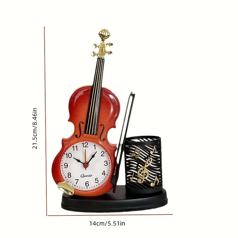 1pc Charming Violin-Shaped Alarm Clock with Pen Holder Creative Musical Instrument Design Battery-Op