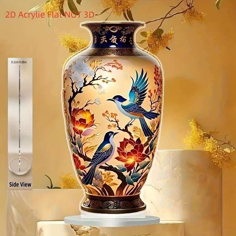 1pc 2D Flat   Painting Elegant Acrylic Material Vase with Colorful Floral and Bird Design