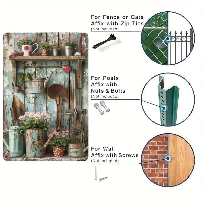1pc Vintage Gardening Tools Metal Tin Sign 20.32x30.48cm Rustic Iron Wall Art Pastoral-Themed Home G