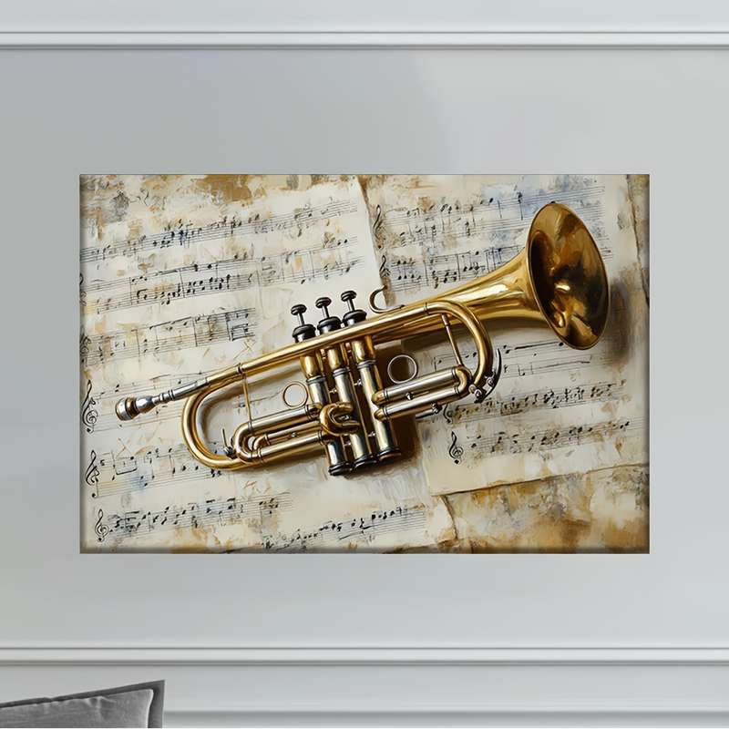 1pc 2D Flat  Unframed Canvas Art Golden Trumpet with Music Notes Abstract Music-Themed Wall
