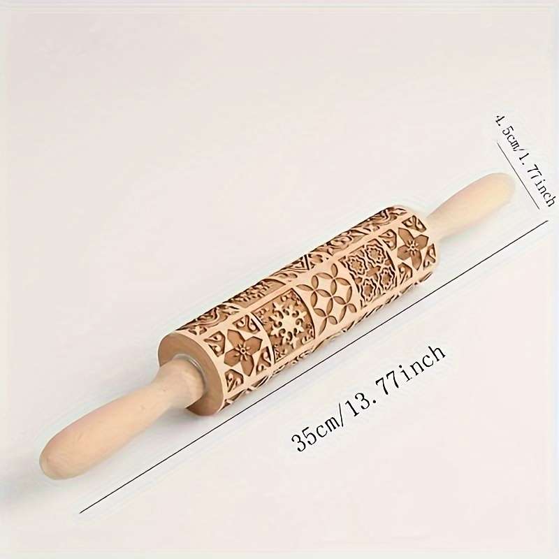 1pc Wooden Embossing Rolling Pin 13.77"x1.77" Christmas Halloween Printed for Pizza Pies