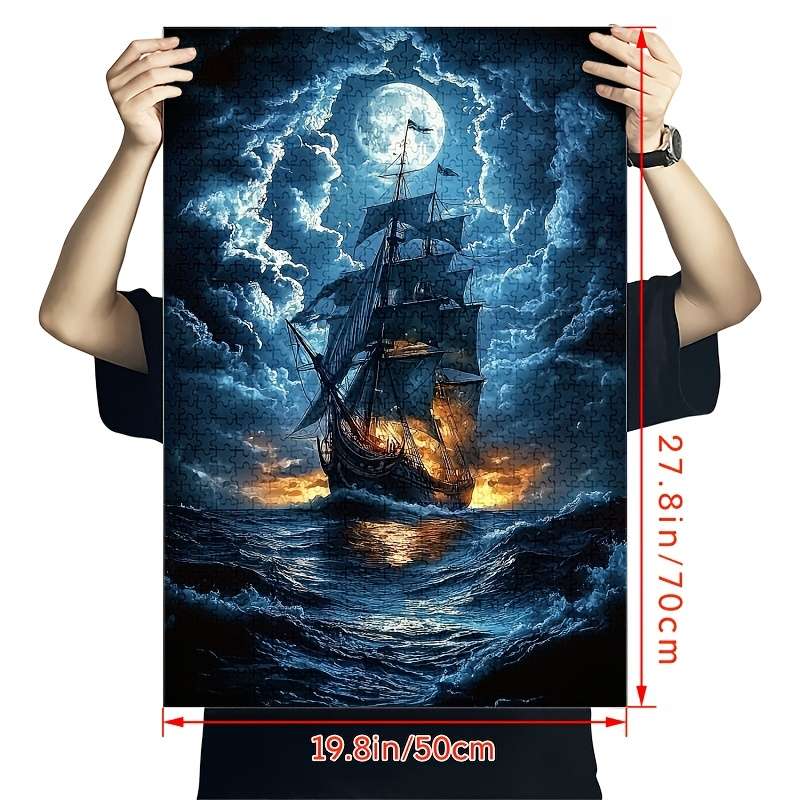 1000pcs Moonlit Sailing Ship Jigsaw Puzzle Cardboard Material Brain Teaser DIY Home