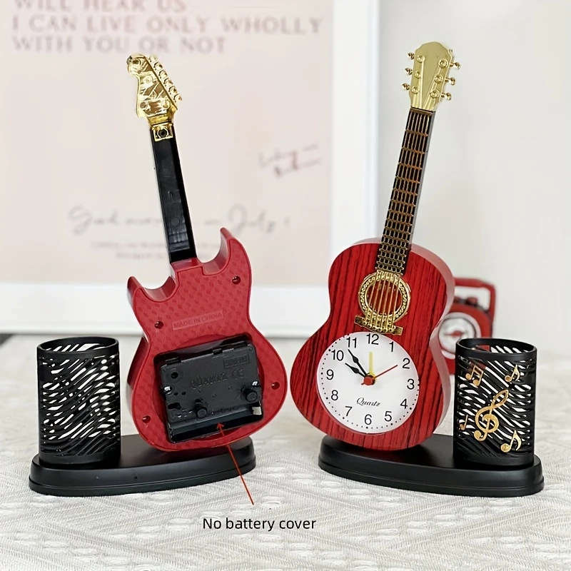 1pc Charming Violin-Shaped Alarm Clock with Pen Holder Creative Musical Instrument Design Battery-Op