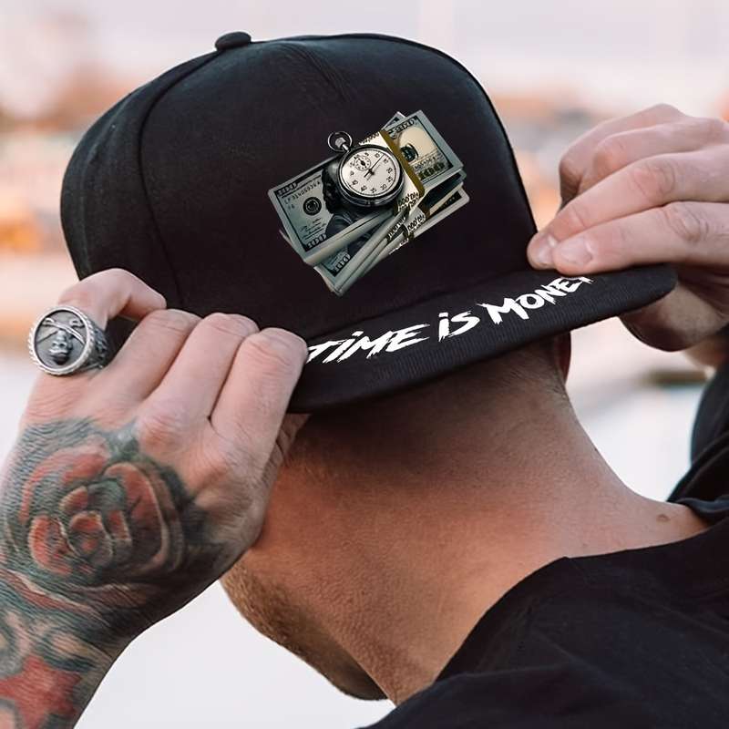 1pc Unisex Street Style Baseball Cap "Time is Money" Print 100% Polyester Adjustable Hip-Hop