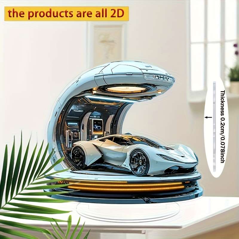 1pc 2D Flat  Bohemian  Acrylic Sports Car Gas Station Decorative Sign with Stand Sleek White