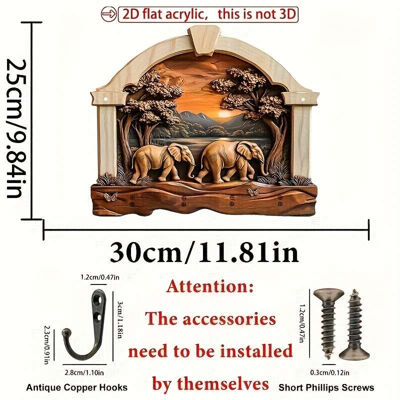 2D Flat 2Dflat1pcs Walking Elephant Simple Colorful Wooden and Home Key Holder with Four Metal Ho