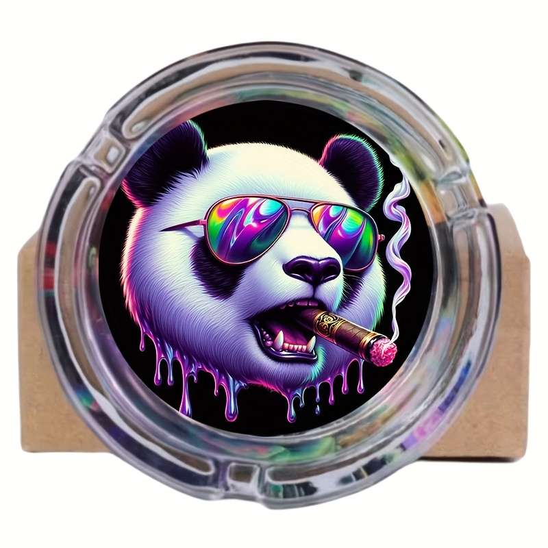 1pc Stylish Panda Ashtray Round Glass Design with Cool Fashion Glasses Cigar Theme Durable