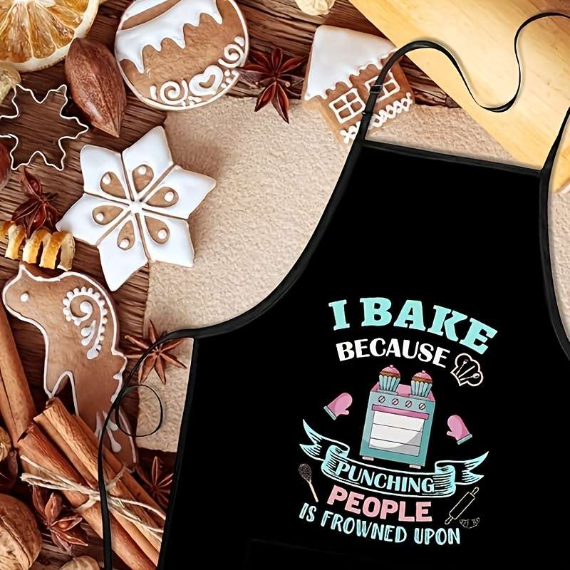 1pc Humorous "I Bake Because Punching People Is Frowned Upon" Apron Black Polyester with Colo