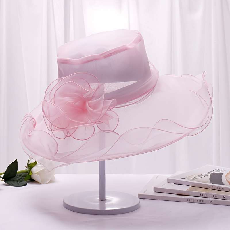 1pc Foldable Flower Organza Sun Hat Elegant Solid Color Mesh Breathable Travel Beach Hats British S
