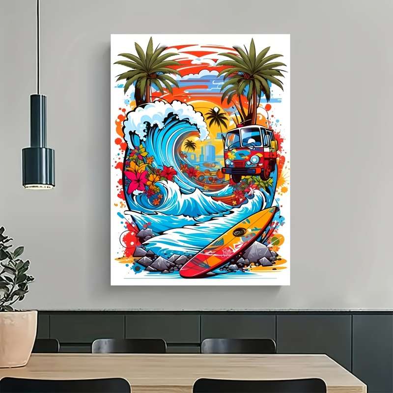 1000pcs Surfboard Jigsaw Puzzle Vibrant Beach Scene with Palm Trees Surfboards R