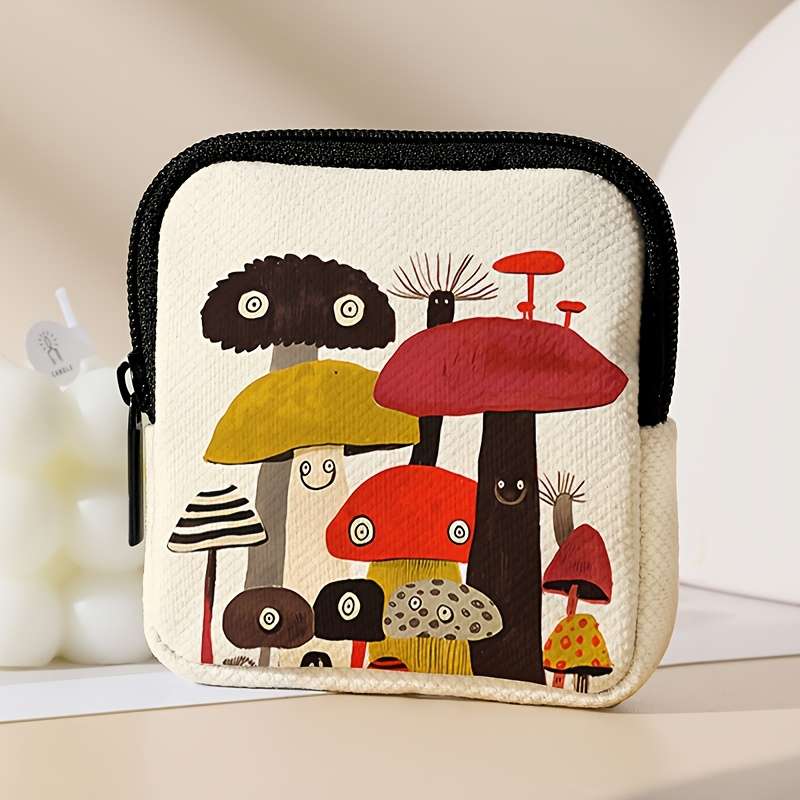 1pc Pack of 1 Cute Mushroom Pattern Printed Coin Purse with Buckle and Zipper Pockets Multifuncti