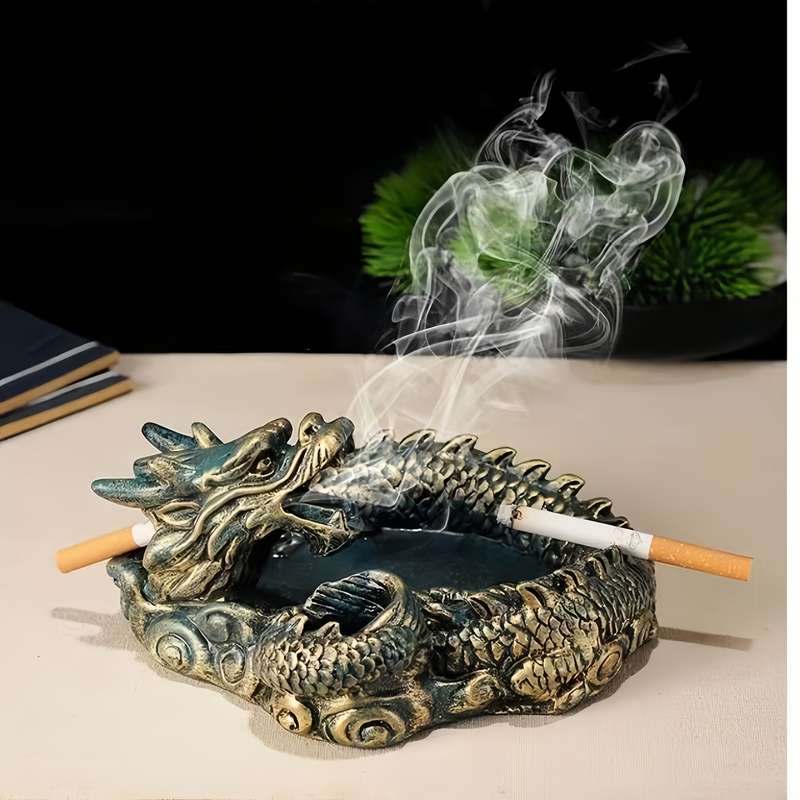 1pc Vintage Style Dragon Ashtray Resin Crafted Round Shape Durable No Electricity Required wit