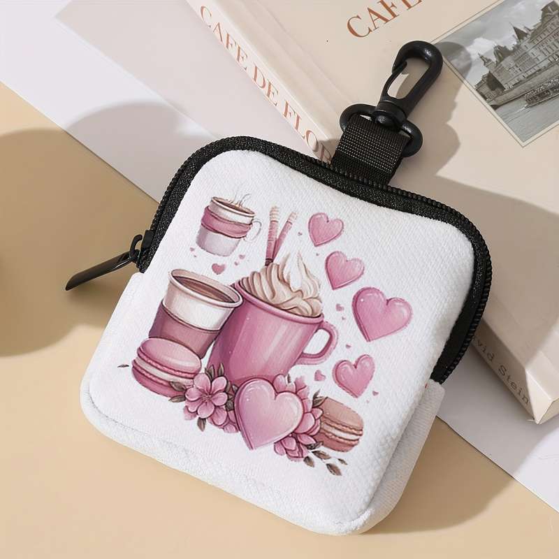 1pc Charming Pink Coffee Heart Pattern Mini Wallet Portable Organizer for Keys Cards Small I