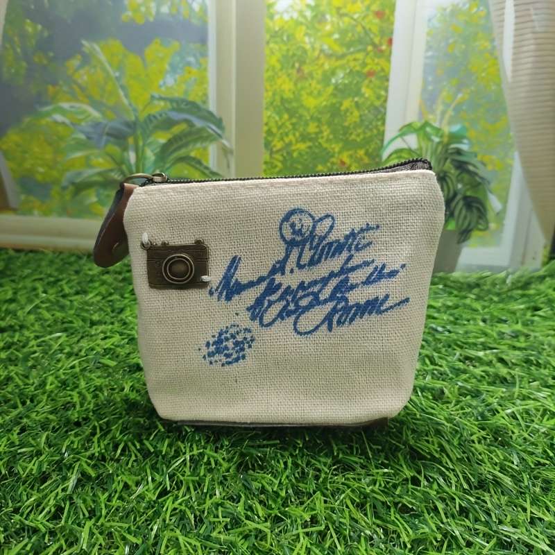 1pc Vintage-Inspired Canvas Coin Purse Makeup Bag for Women Compact Zippered Wallet with No