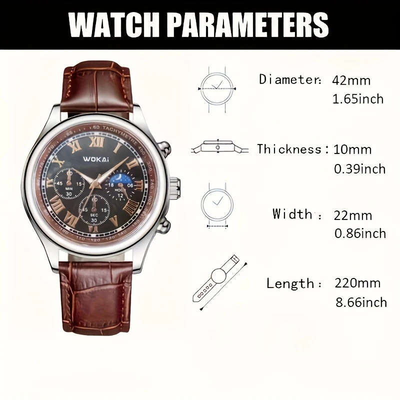 1pc Men's Business Sports Watch with Roman Numerals Black Faux Leather Strap and Moon Phase Display