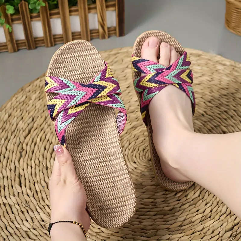 Women's BOHO Striped Linen Slippers - Summer Fashion, Comfortable Indoor/Outdoor Flats with EVA Sole
