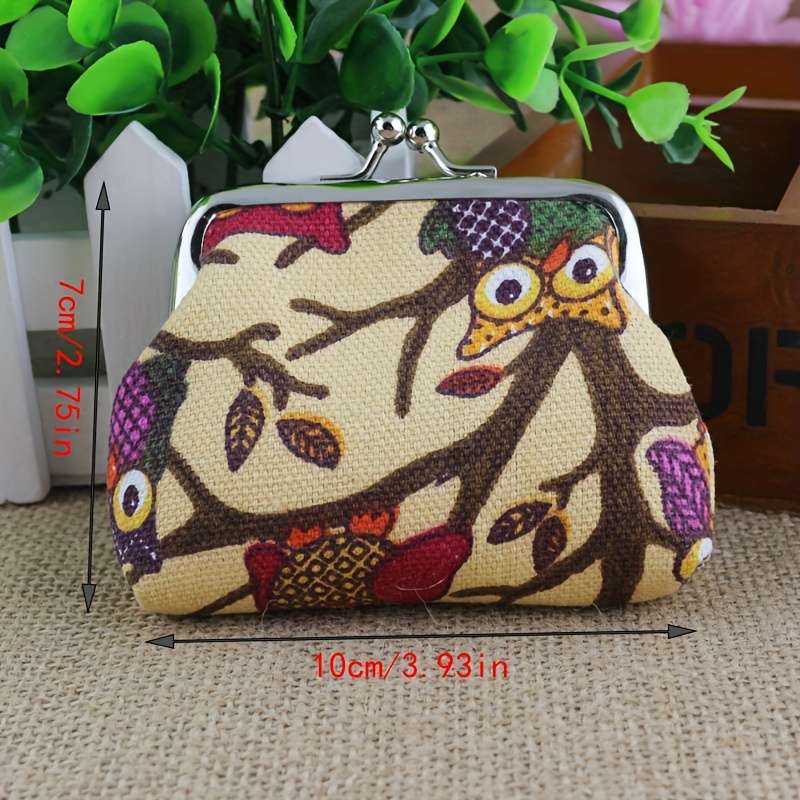 1pc Adorable Small Coin Purse Women's Canvas Owl Cartoon Coin Bag