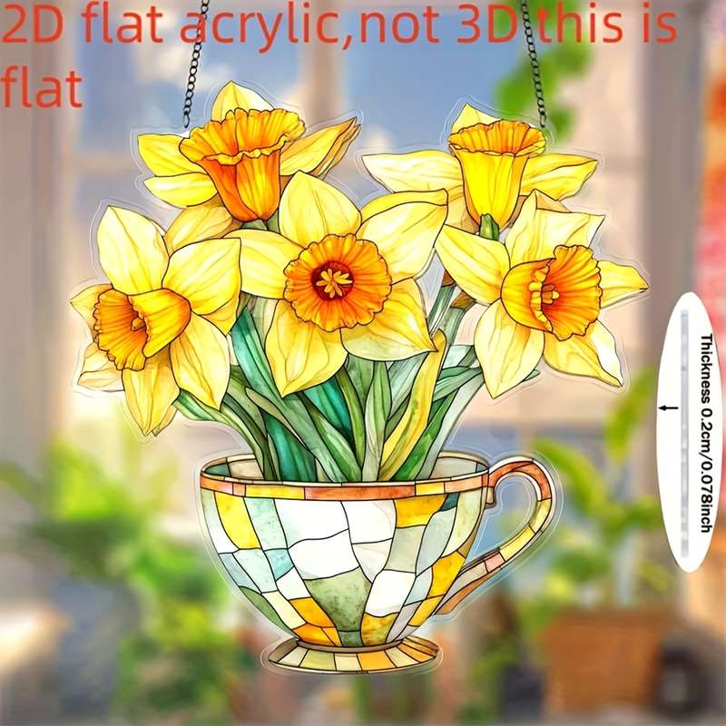 1pc 2D Flat  20.32cm x 20.32cm Acrylic Daffodil Tea Cup Wall Hanging Vibrant Yellow Orange Flora