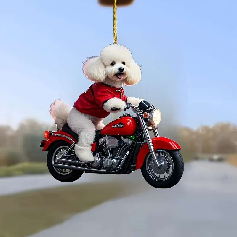 1pc 2D Flat   Adorable Bichon Frise on Motorcycle Acrylic Hanging Ornament Charming Red-Dress
