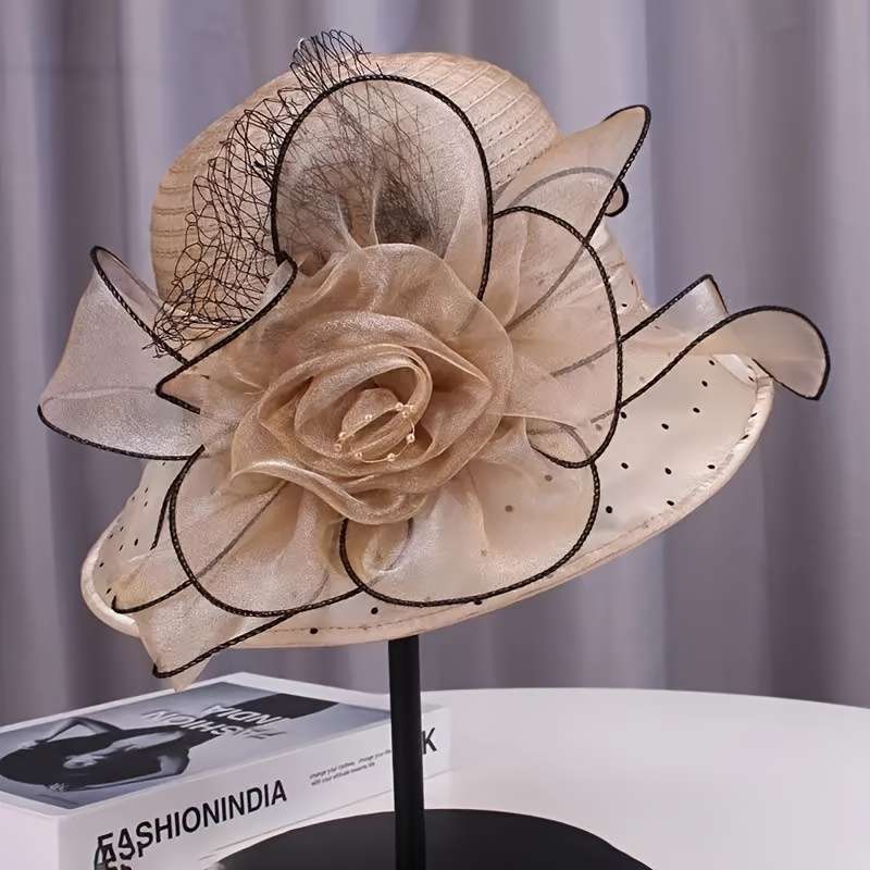 1pc Women's Wide Brim Floral Organza Sun Hat Beige with Black Mesh Flower Veil Breathable UV P