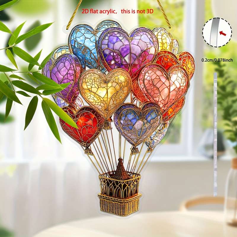 1pc 2D Flat   Elegant Heart-Shaped Hot Air Balloon Acrylic Sun Catcher  Stained Glass Style