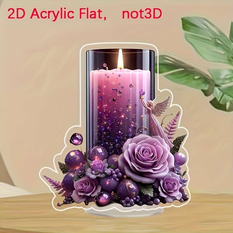 1pc 2D Flat  Purple Acrylic Candle Decor with Angel Roses Romantic  Design for Home Offi