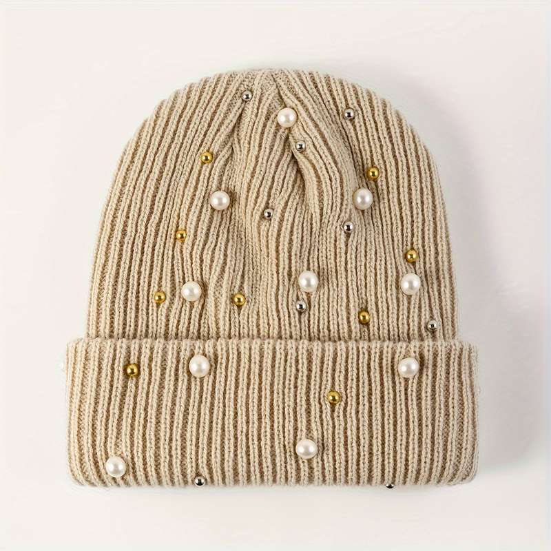 1pc of Women'S Fashion Pearl Decorated Knitted Hat Without Brim Suitable for Autumn And Winter