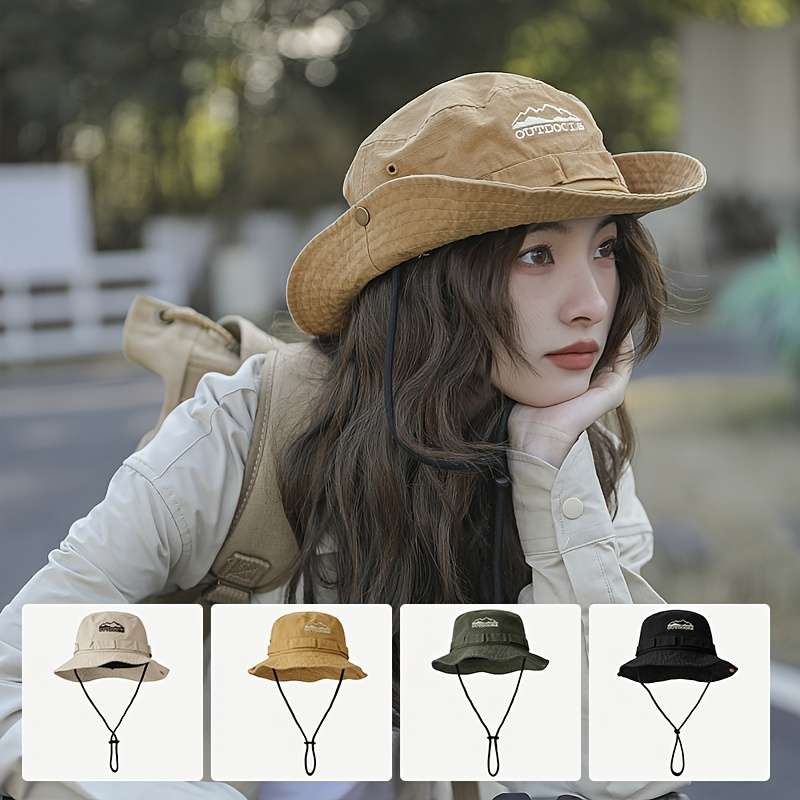 1pc Breathable Outdoor Adventure Bucket Hat with Drawstring Sun Protection for Hiking Fishing