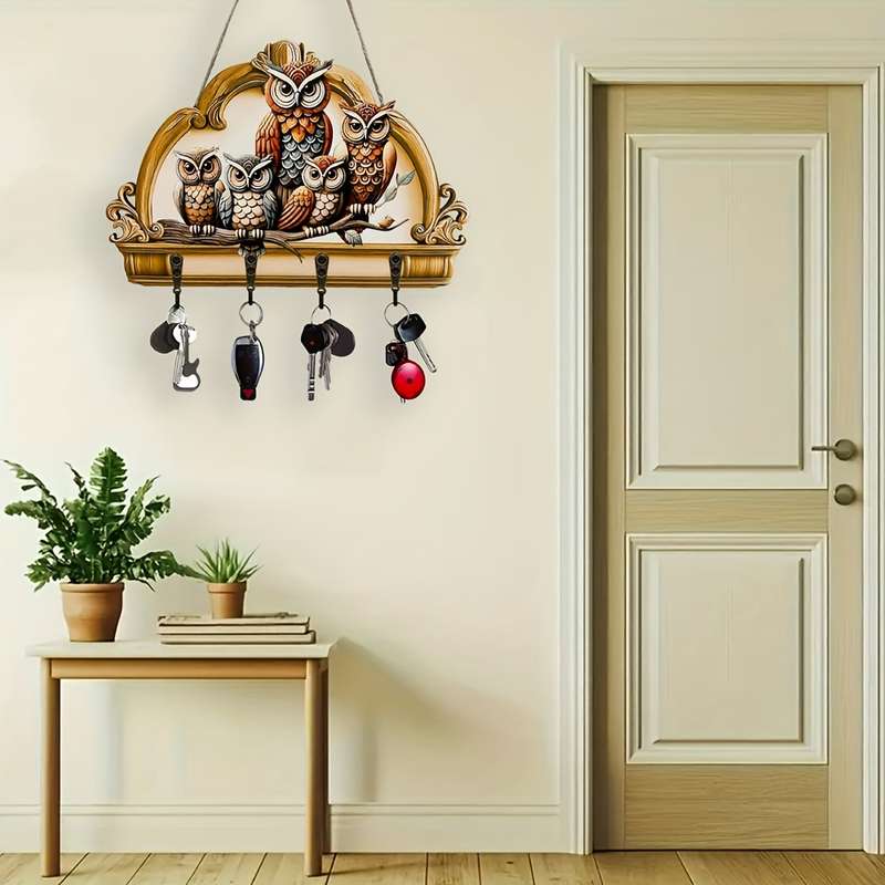 1pc Owl  Floral Wooden Key Hanger with Four Metal HooksColorful Traditional Design for Home Wa